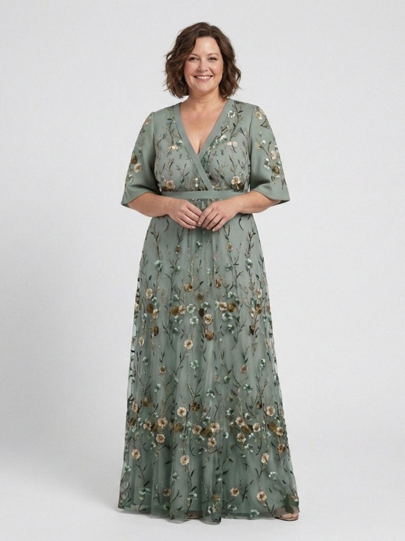 Women's Floral V-Neck Maxi Dress with Sheer Sleeves