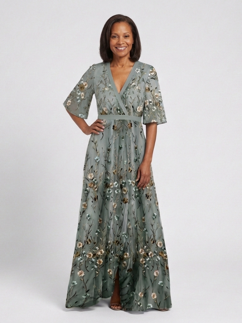 Women's Floral V-Neck Maxi Dress with Sheer Sleeves