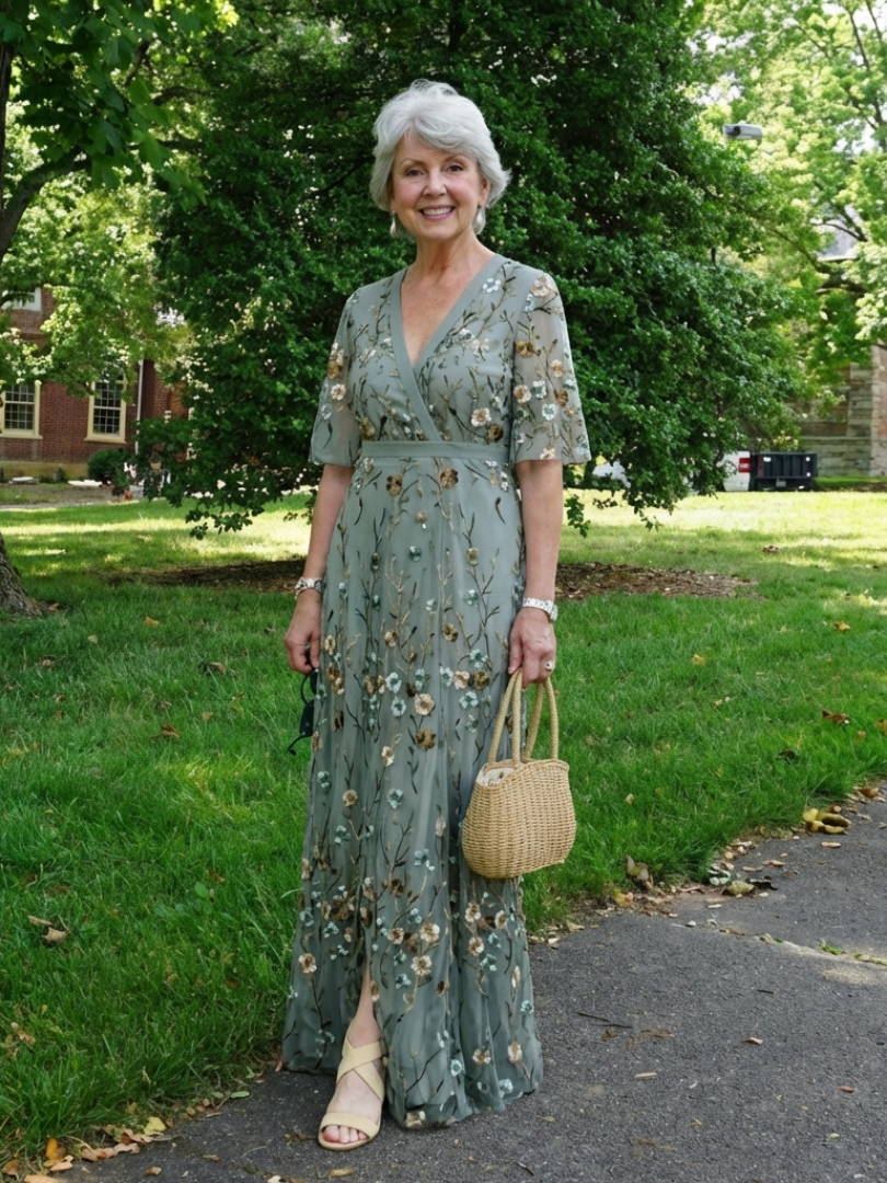 Women's Floral V-Neck Maxi Dress with Sheer Sleeves