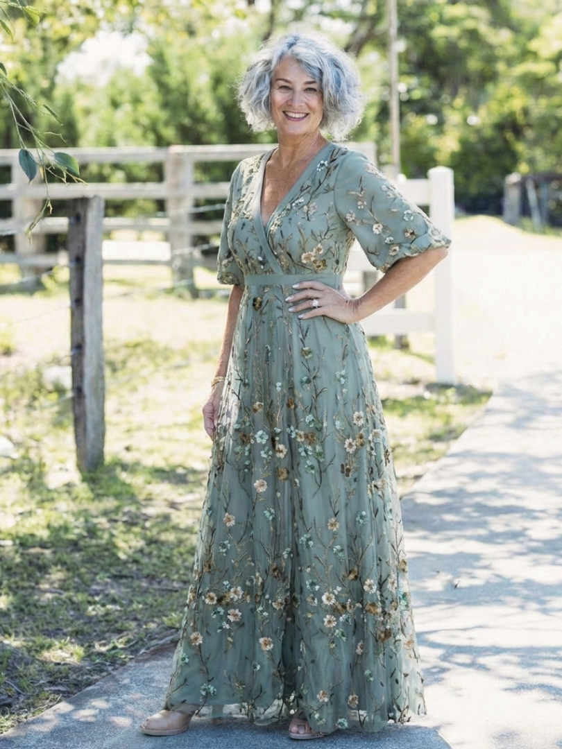 Women's Floral V-Neck Maxi Dress with Sheer Sleeves