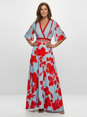 Women's Floral V-Neck Maxi Dress with Short Sleeves
