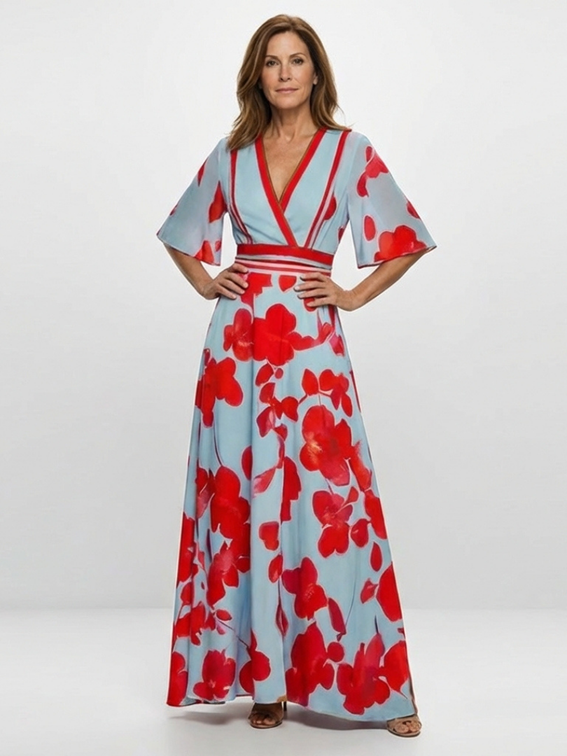 Women's Floral V-Neck Maxi Dress with Short Sleeves