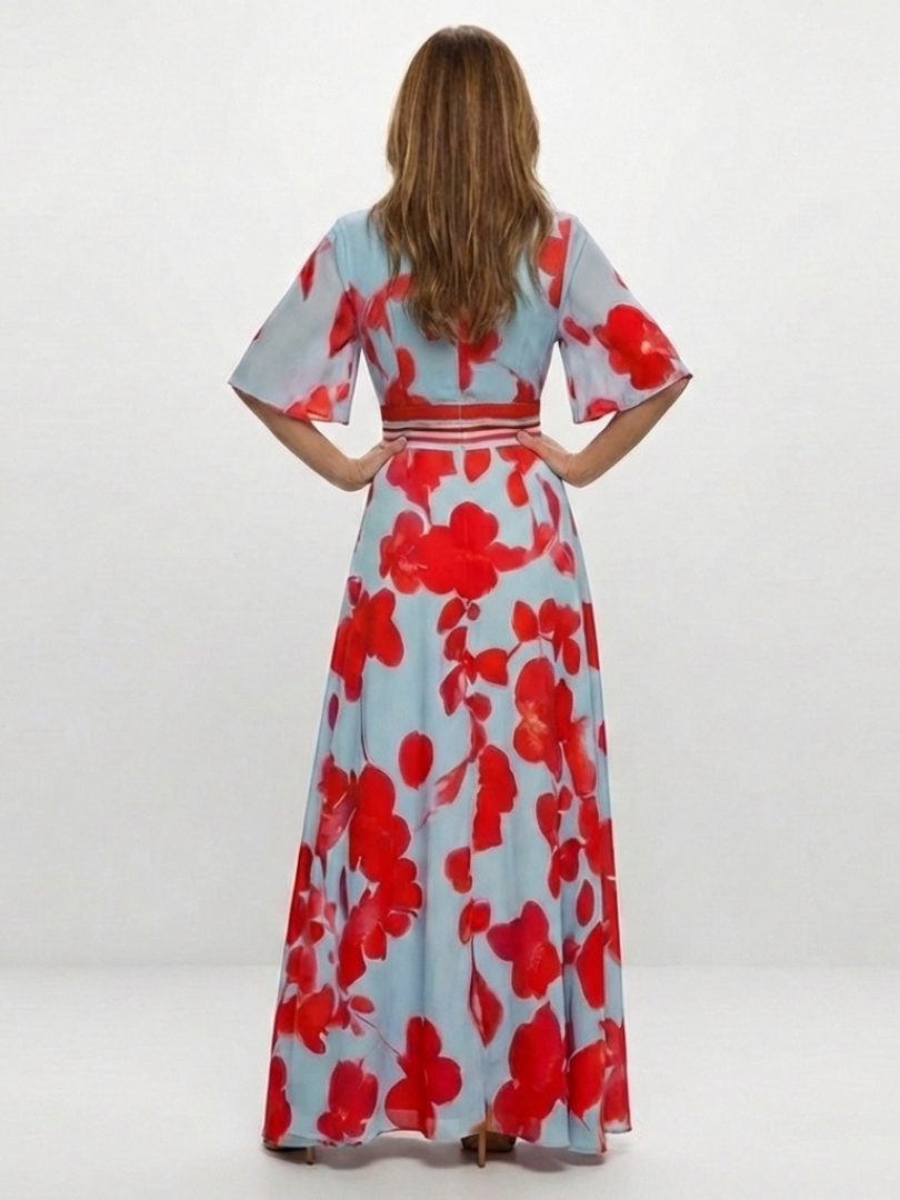 Women's Floral V-Neck Maxi Dress with Short Sleeves