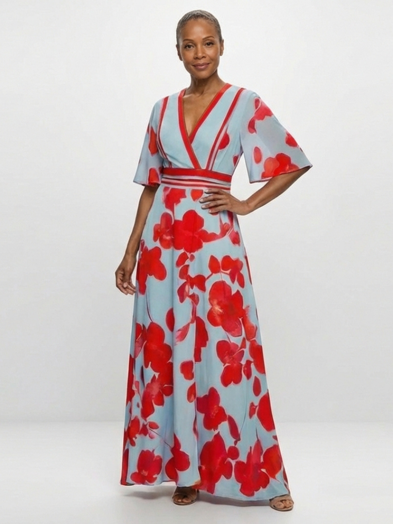 Women's Floral V-Neck Maxi Dress with Short Sleeves
