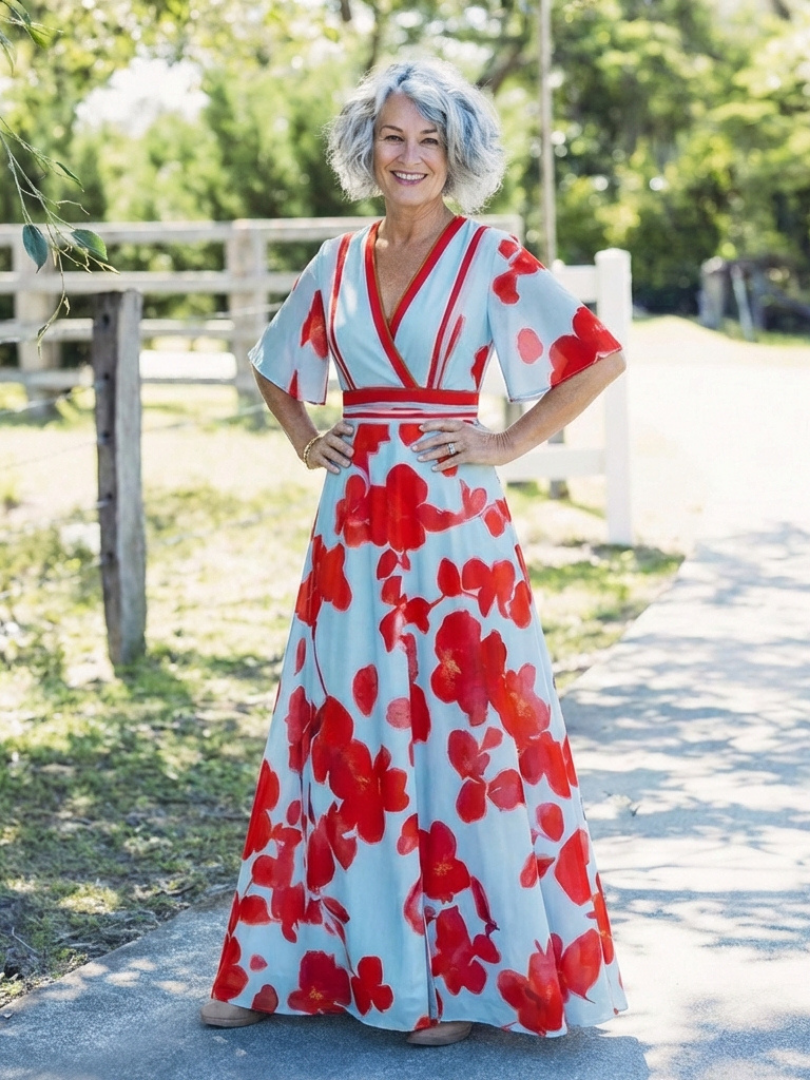 Women's Floral V-Neck Maxi Dress with Short Sleeves