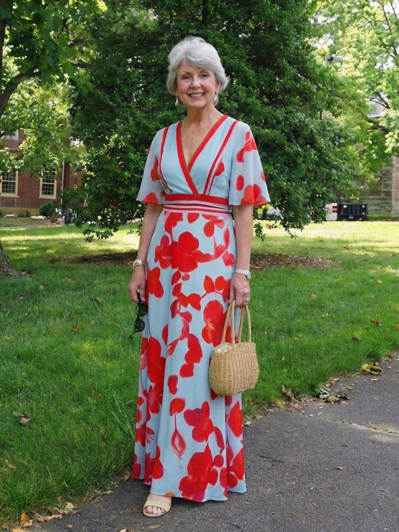 Women's Floral V-Neck Maxi Dress with Short Sleeves