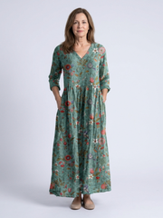Women's Floral V-Neck Maxi Dress with Three Quarter Sleeves