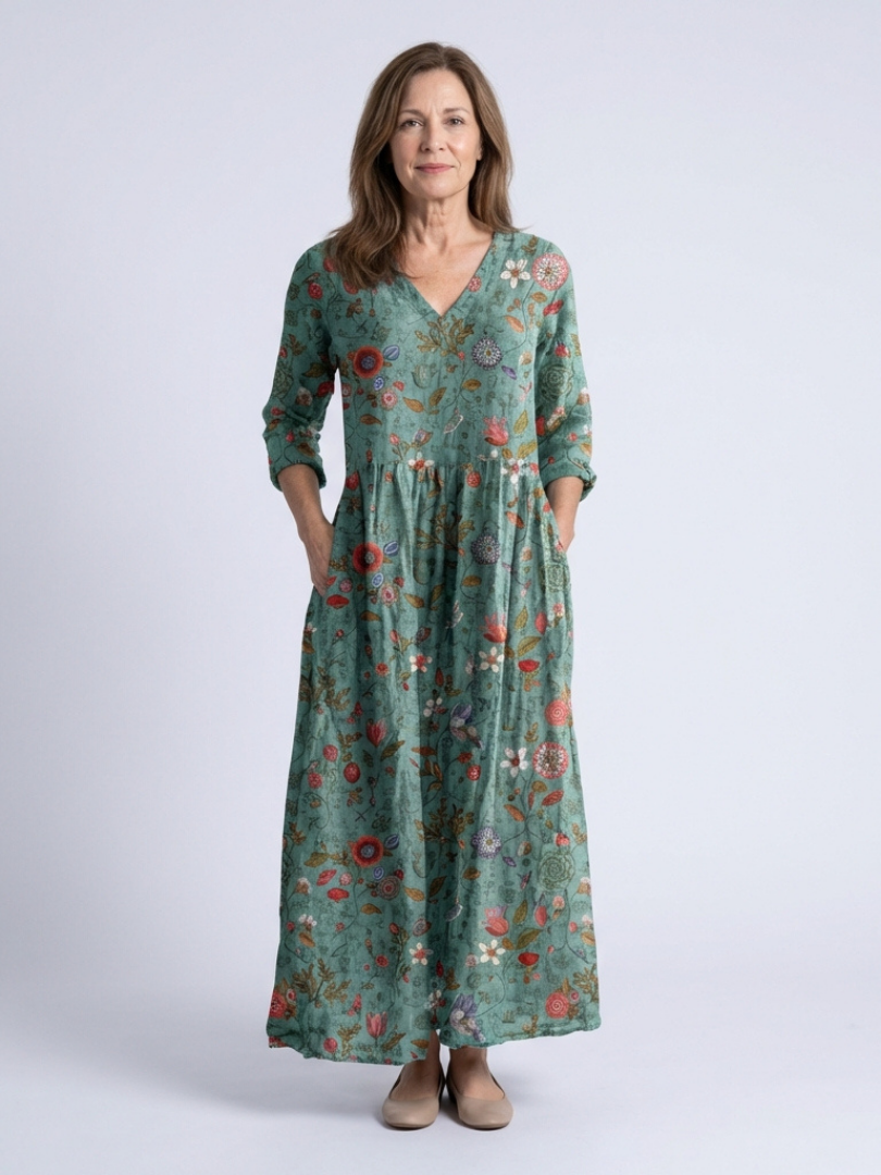 Women's Floral V-Neck Maxi Dress with Three Quarter Sleeves