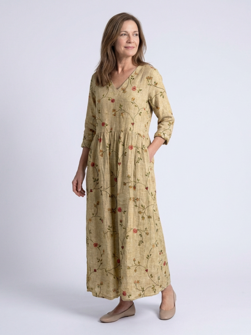 Women's Floral V-Neck Maxi Dress with Three Quarter Sleeves