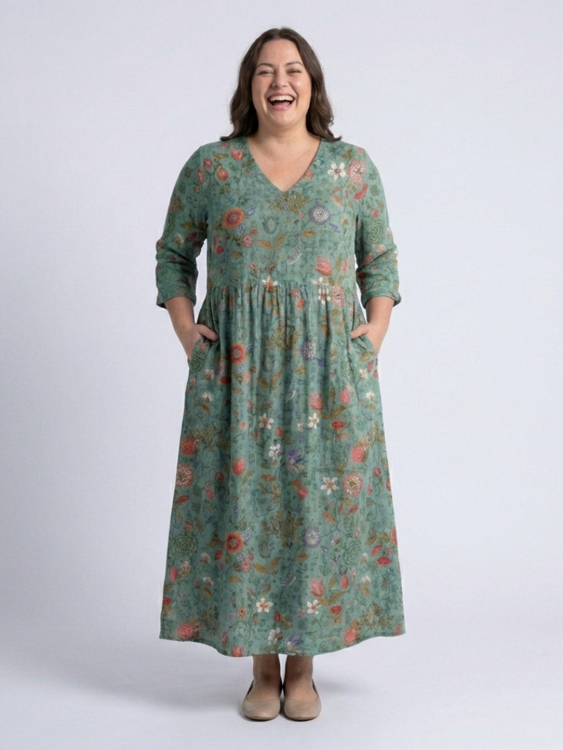Women's Floral V-Neck Maxi Dress with Three Quarter Sleeves