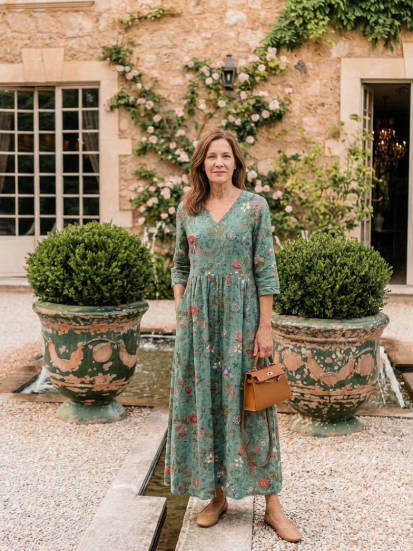 Women's Floral V-Neck Maxi Dress with Three Quarter Sleeves