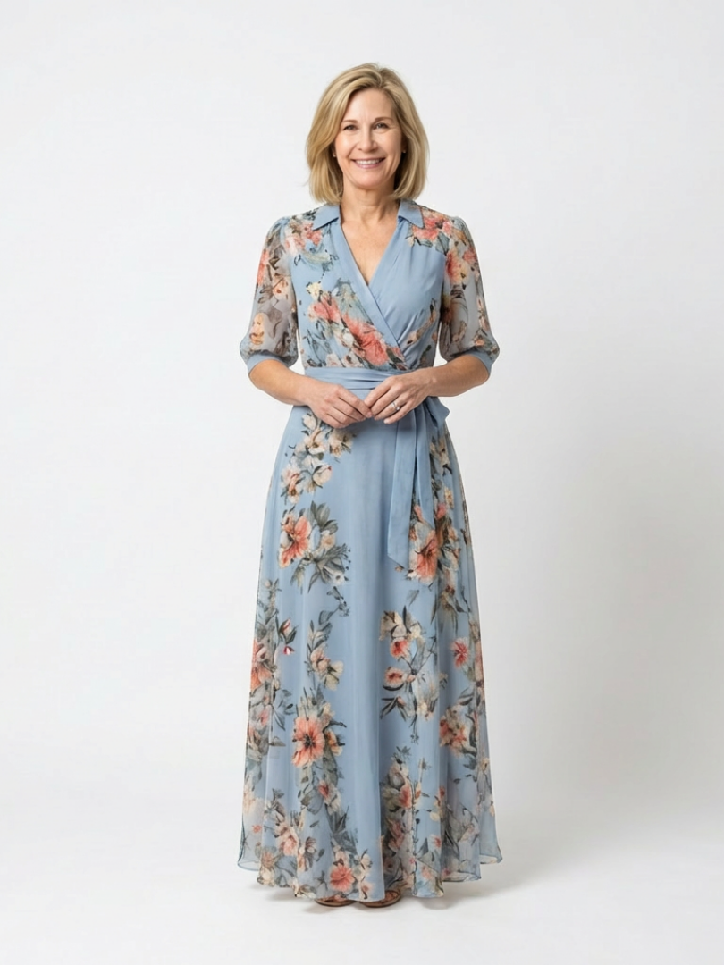 Women's Floral V-Neck Maxi Dress with Tie Waist