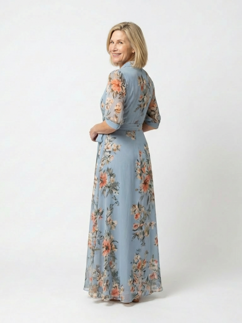 Women's Floral V-Neck Maxi Dress with Tie Waist