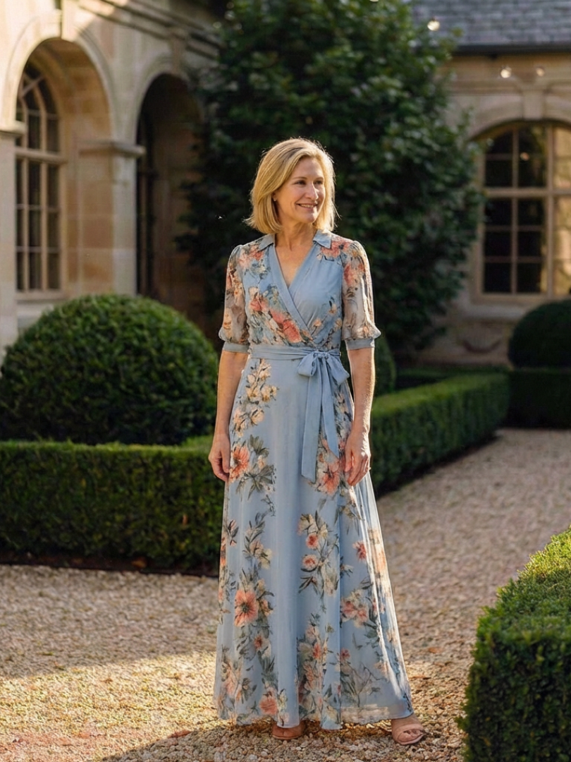 Women's Floral V-Neck Maxi Dress with Tie Waist