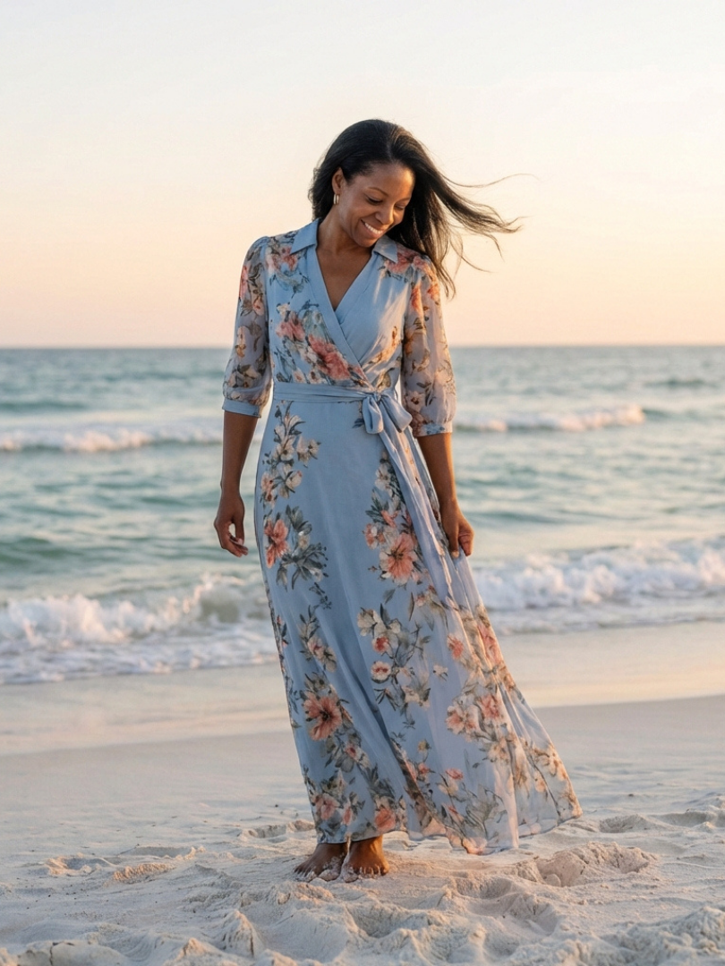 Women's Floral V-Neck Maxi Dress with Tie Waist