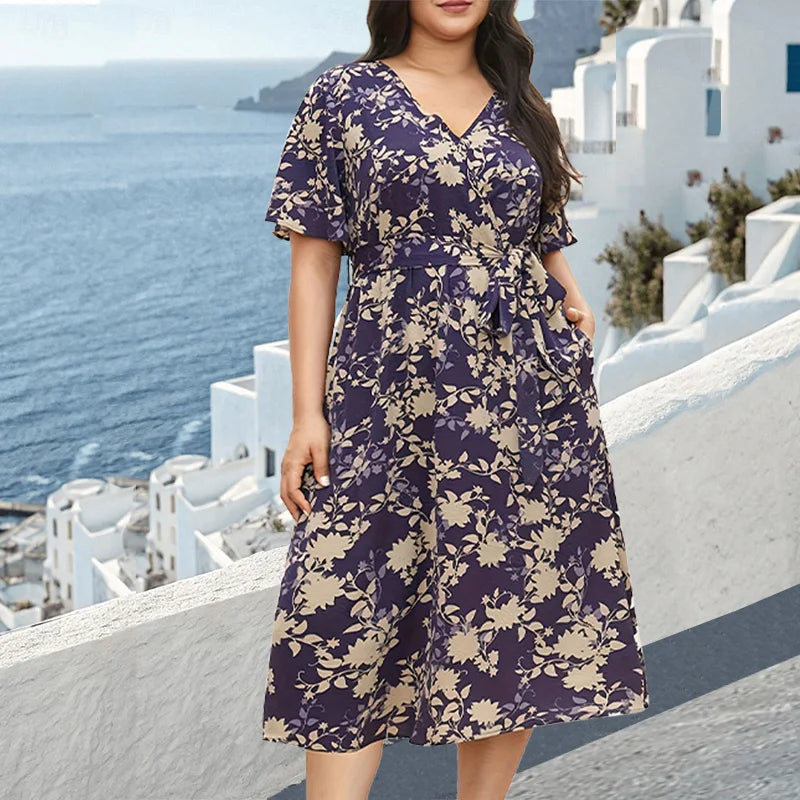 Women's Floral V-Neck Midi Dress with Adjustable Belt