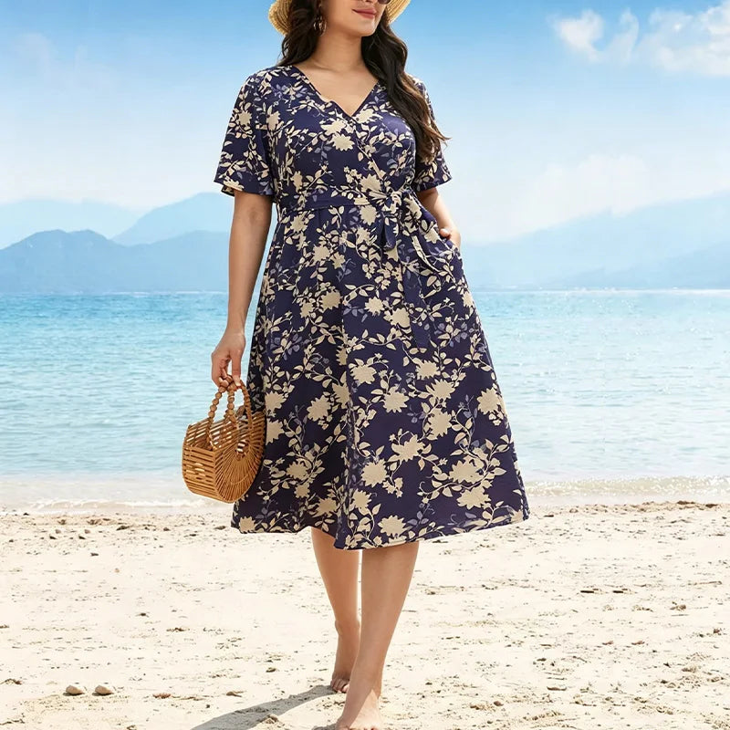 Women's Floral V-Neck Midi Dress with Adjustable Belt