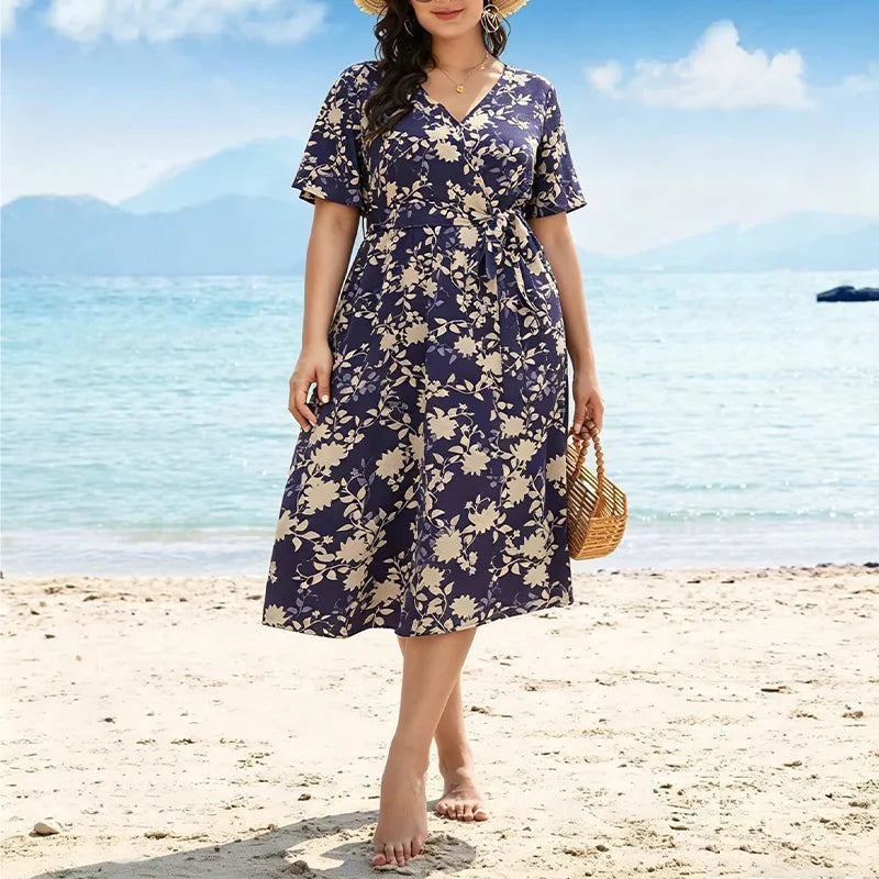 Women's Floral V-Neck Midi Dress with Adjustable Belt
