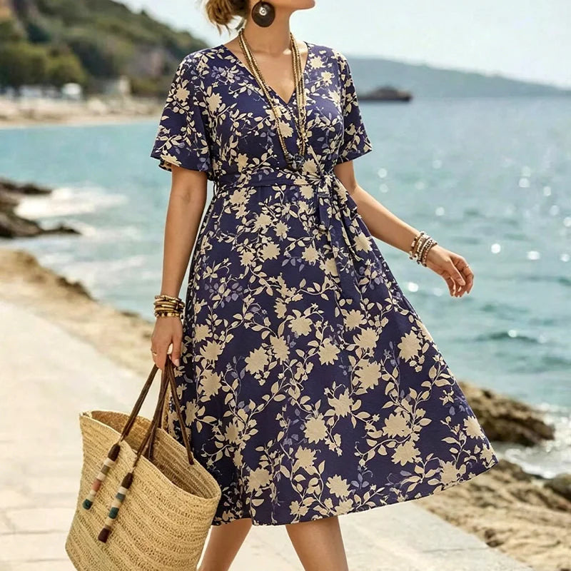 Women's Floral V-Neck Midi Dress with Adjustable Belt