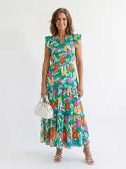 Women's Floral V-Neck Midi Dress with Tiered Design