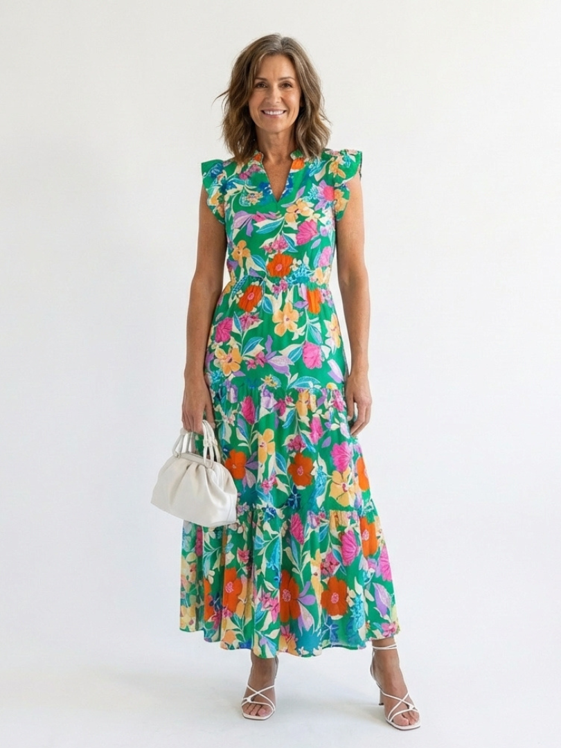 Women's Floral V-Neck Midi Dress with Tiered Design