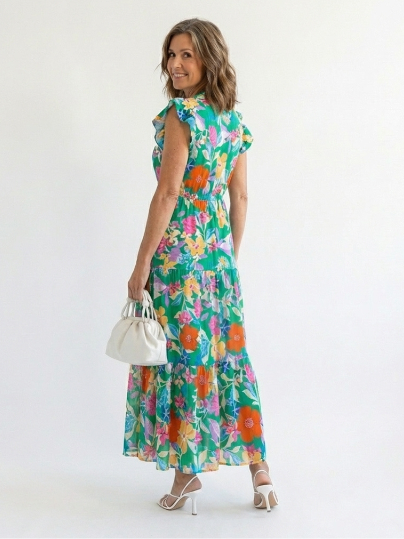 Women's Floral V-Neck Midi Dress with Tiered Design