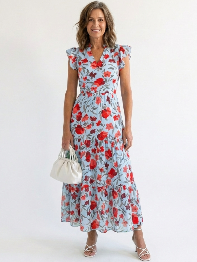 Women's Floral V-Neck Midi Dress with Tiered Design