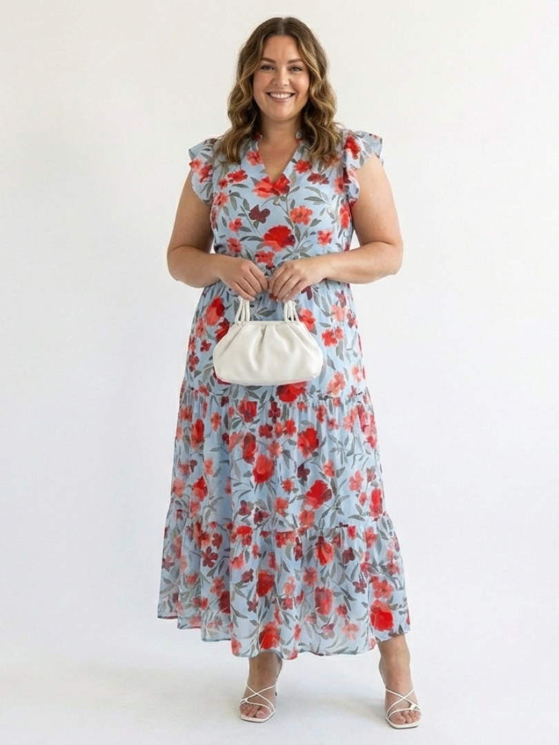 Women's Floral V-Neck Midi Dress with Tiered Design