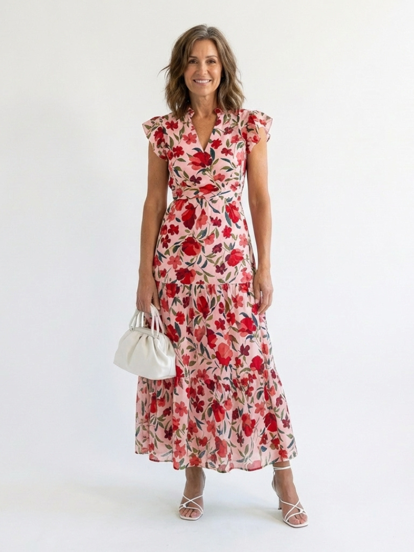 Women's Floral V-Neck Midi Dress with Tiered Design