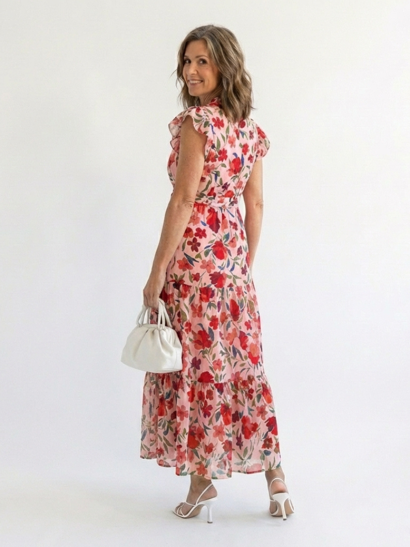 Women's Floral V-Neck Midi Dress with Tiered Design