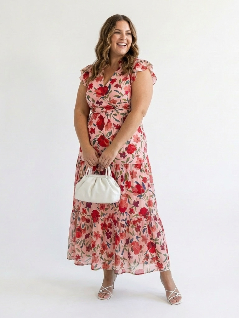Women's Floral V-Neck Midi Dress with Tiered Design