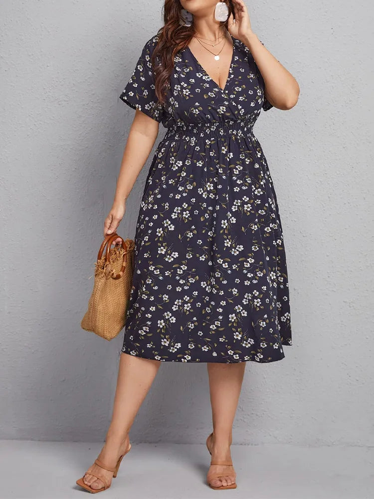 Women's Floral V-Neck Summer Dress with Trapeze Cut