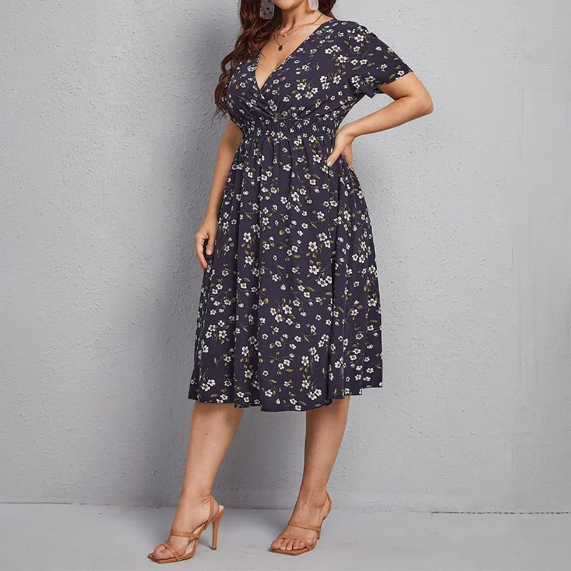 Women's Floral V-Neck Summer Dress with Trapeze Cut