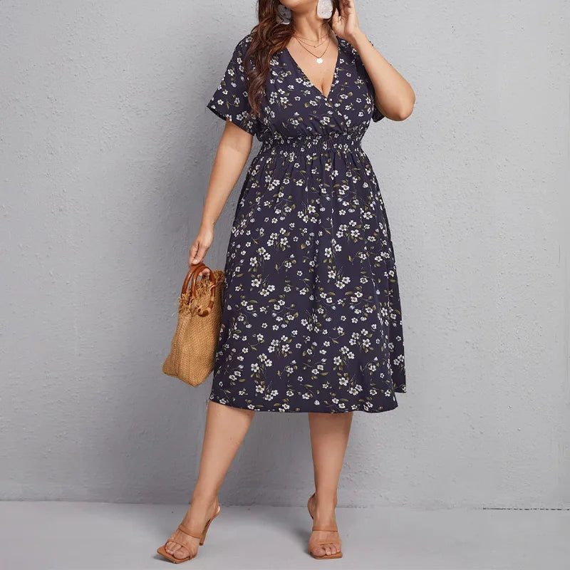 Women's Floral V-Neck Summer Dress with Trapeze Cut