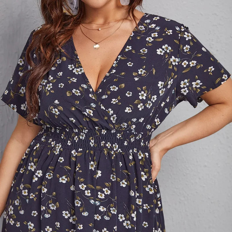 Women's Floral V-Neck Summer Dress with Trapeze Cut