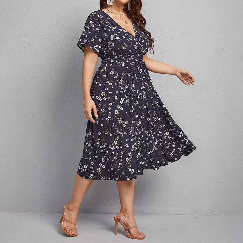 Women's Floral V-Neck Summer Dress with Trapeze Cut