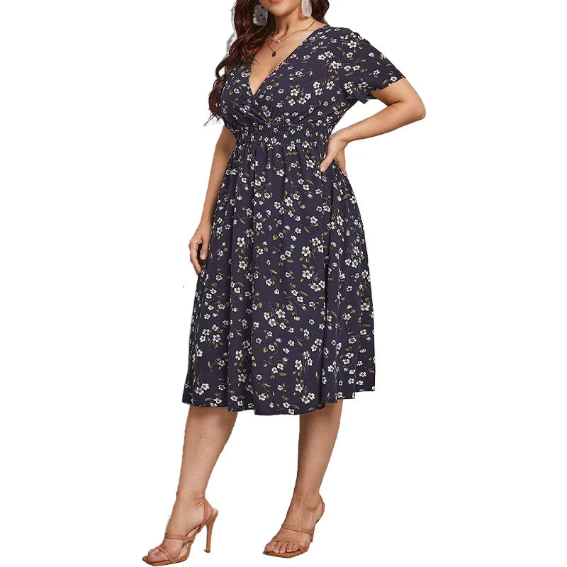 Women's Floral V-Neck Summer Dress with Trapeze Cut