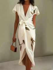 Women's Floral Wrap Midi Dress with Flattering Silhouette
