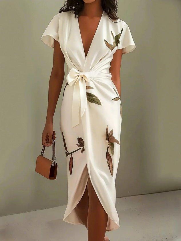Women's Floral Wrap Midi Dress with Flattering Silhouette