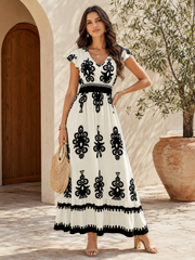 Women's Flowing V-Neck Maxi Dress with Short Sleeves