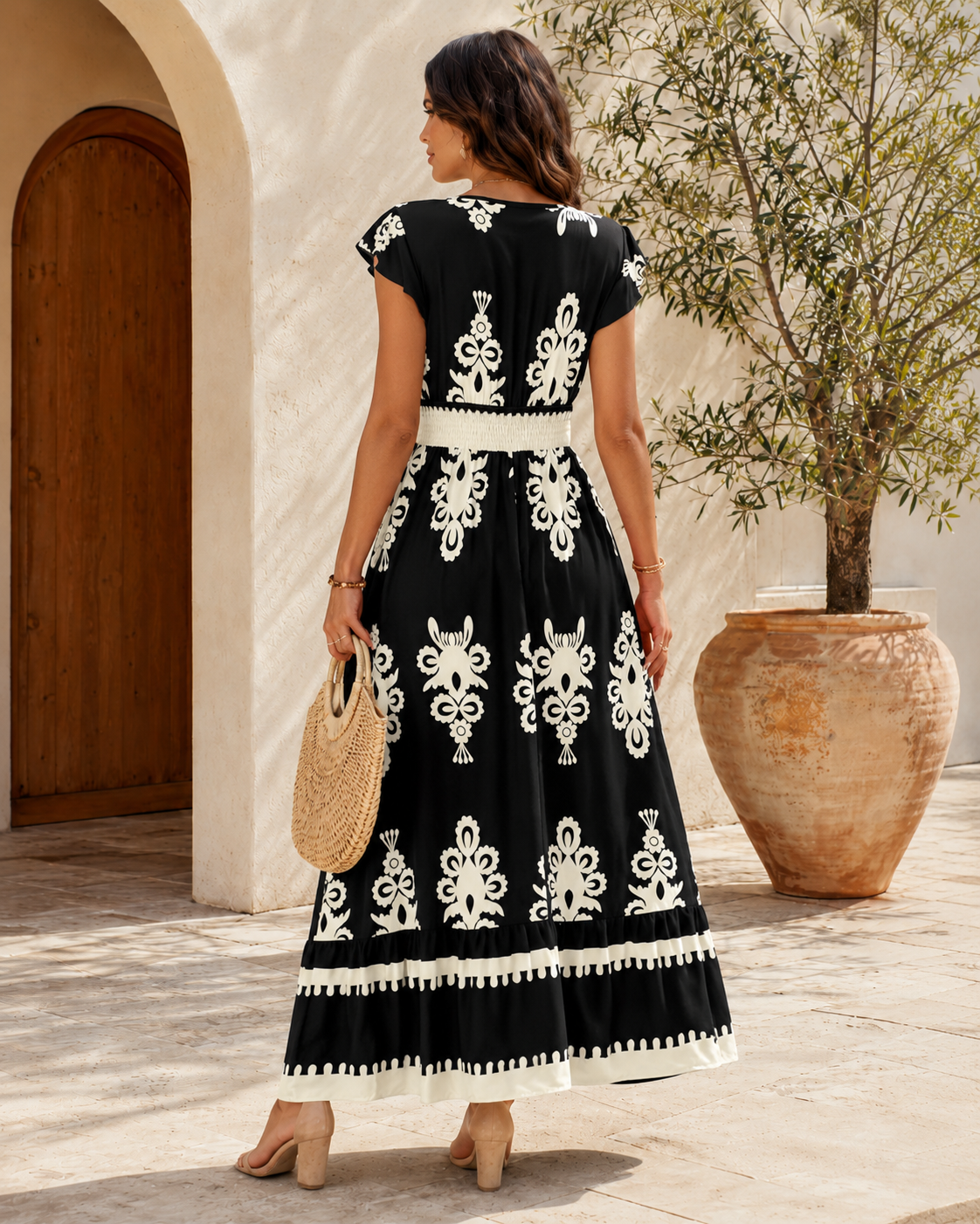 Women's Flowing V-Neck Maxi Dress with Short Sleeves