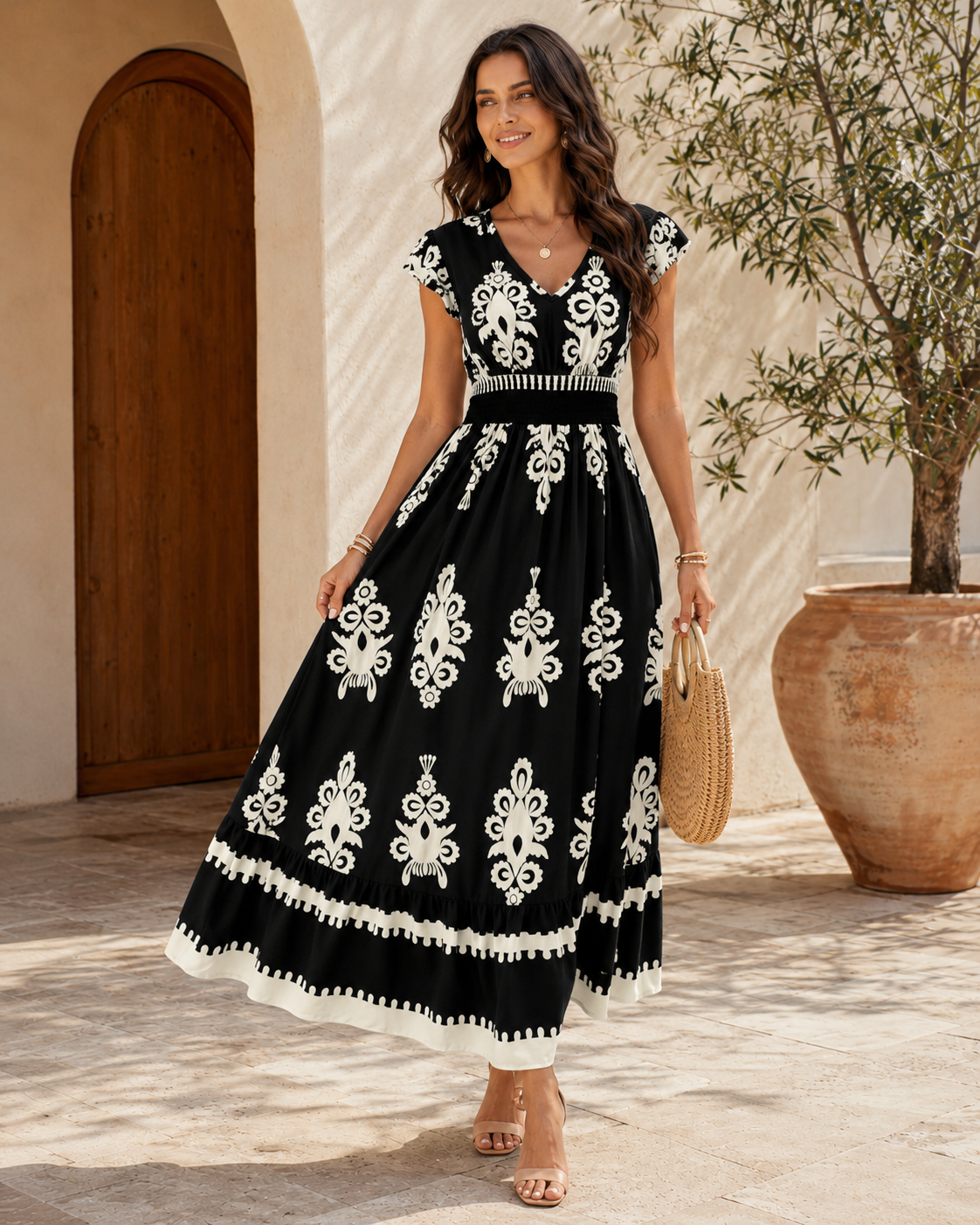 Women's Flowing V-Neck Maxi Dress with Short Sleeves