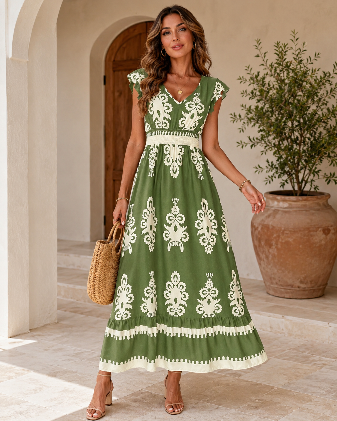 Women's Flowing V-Neck Maxi Dress with Short Sleeves