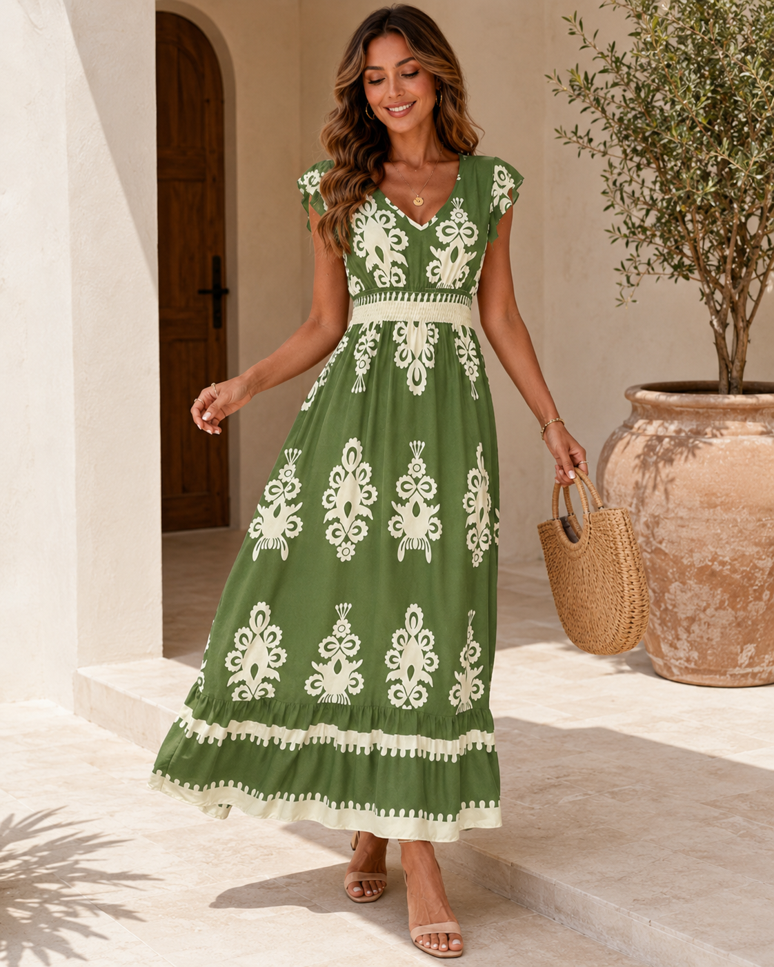 Women's Flowing V-Neck Maxi Dress with Short Sleeves