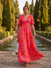 Women's Flowing V-Neck Maxi Dress with Voluminous Sleeves