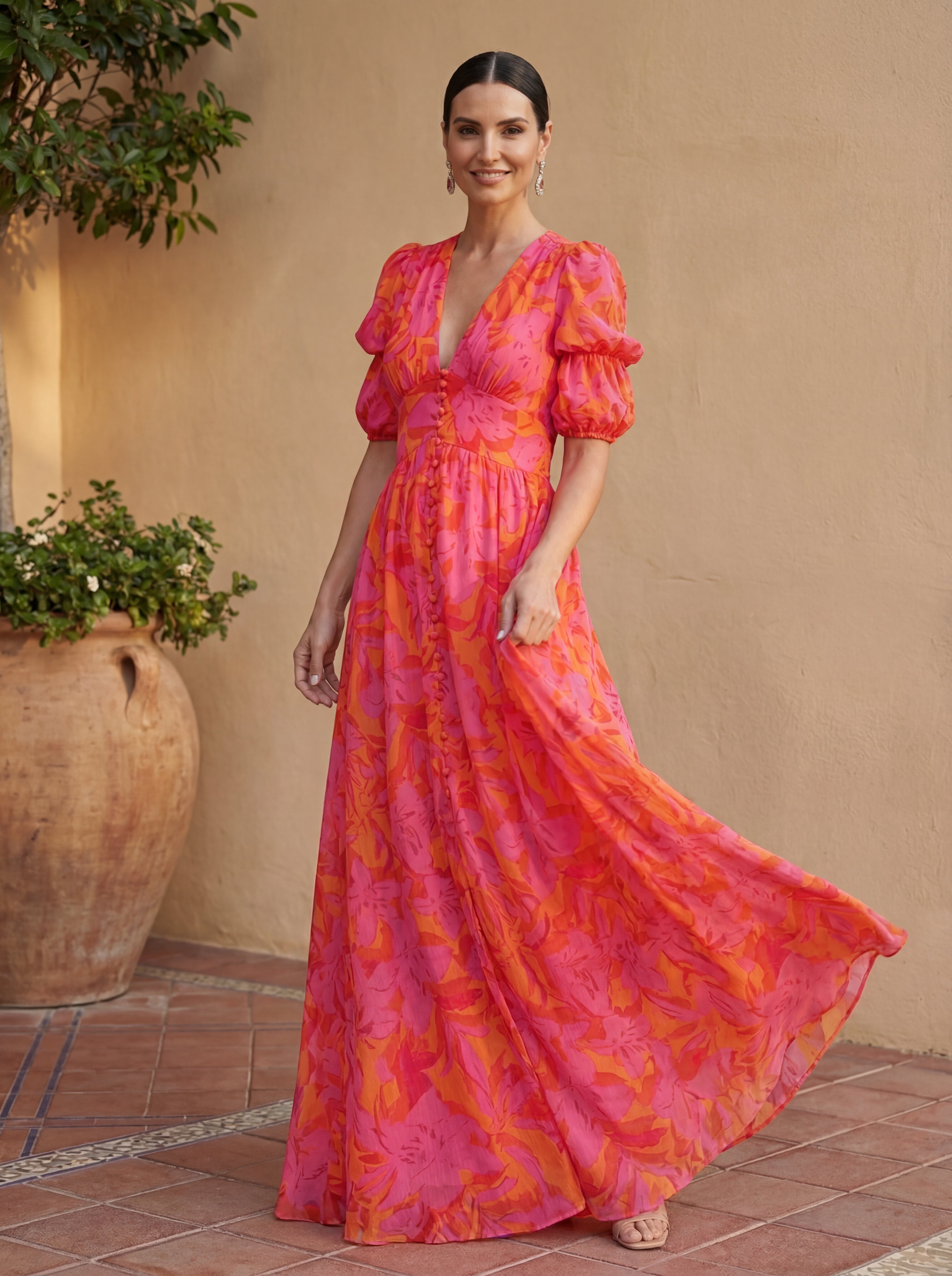 Women's Flowing V-Neck Maxi Dress with Voluminous Sleeves