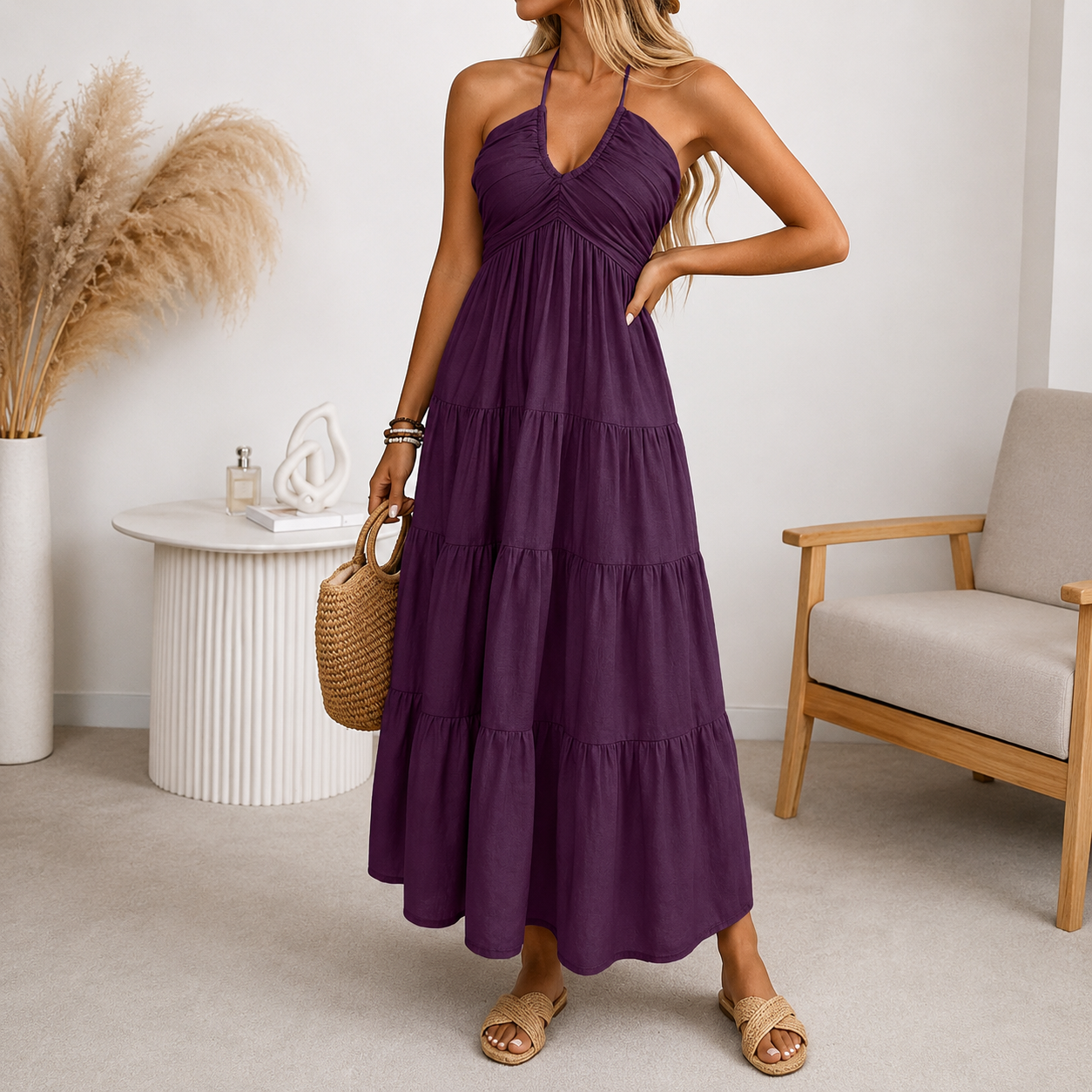Women's Flowy Backless Maxi Dress