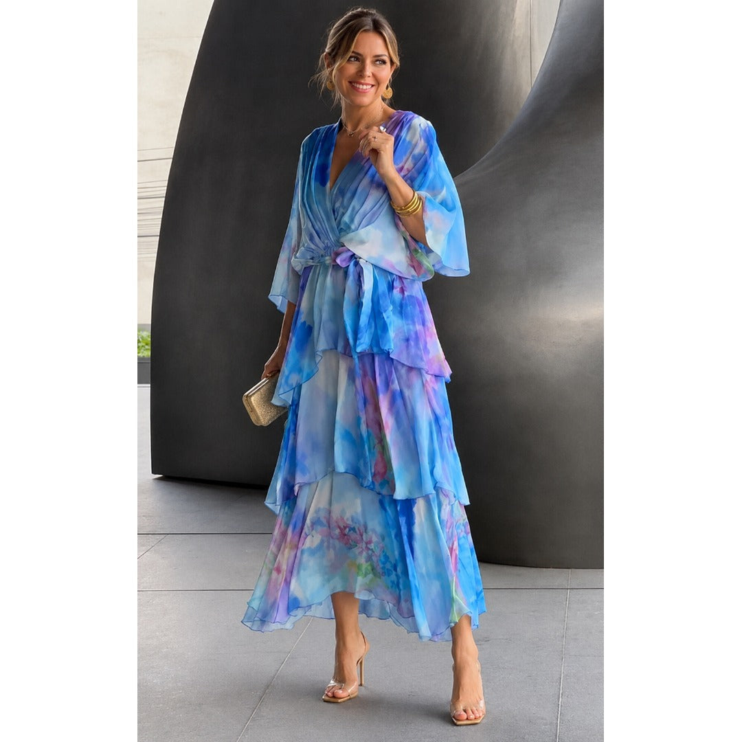 Women's Flowy Chiffon Wrap Midi Dress
