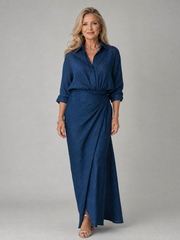 Women's Flowy Maxi Dress with Wrap Bodice and Long Sleeves