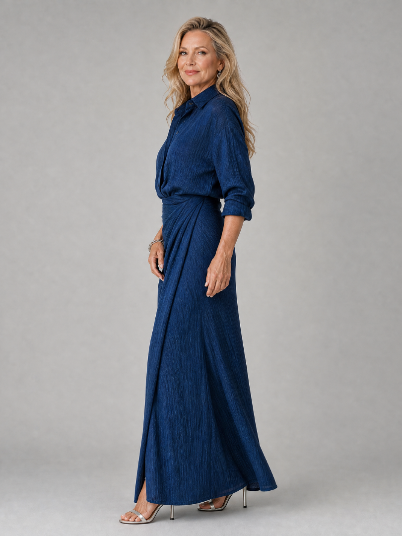 Women's Flowy Maxi Dress with Wrap Bodice and Long Sleeves